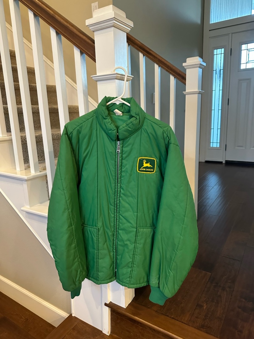 Authentic real vintage John Deere Green Puffer Jacket with Yellow Logo Patch